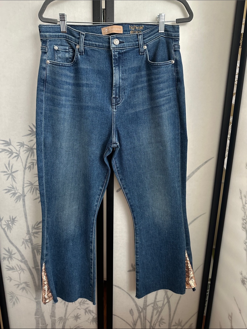 High-Rise Dark Blue Women’s Jeans with Sequin Hem
